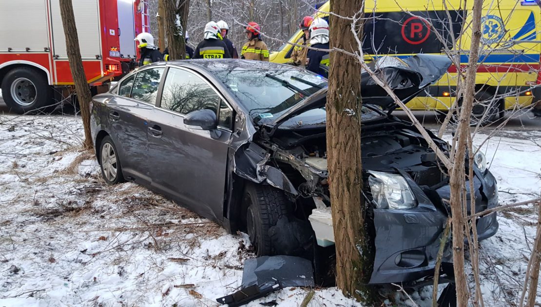 Samochód rozbity o drzewo na tle karetki i wozu strażackiego