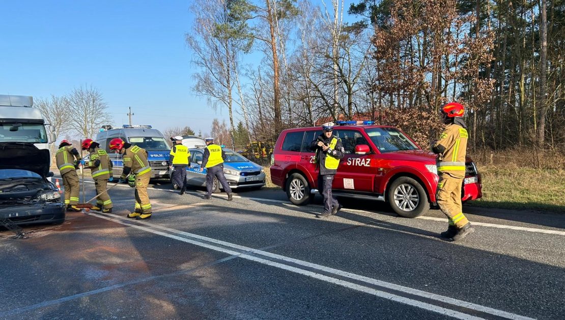 Na drodze stoją dwa uszkodzone pojazdy, dwa radiowozy oraz samochód strażacki. 4 strażaków i 3 policjantów pracują przy pojazdach.