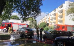 Strażacy stoją przed maską spalonego samochodu osobowego stojącego na parkingu. Obok spalonego auta stoją dwa inne samochody. Na ziemi leżą węże strażackie. W tle dwa samochody gaśnicze i blok mieszkalny