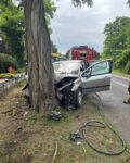 3 Rozbity srebrny samochód osobowy ze zmiażdżonym przodem po uderzeniu w grube drzewo na trawiastym poboczu. W tle, na drodze za pojazdem, widoczne są dwa wozy strażackie oraz radiowóz policyjny na sygnale.